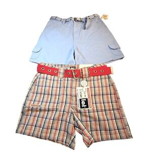 New Vintage Y2K 2 Pair Shorts Cotton Plaid Preppy Retro Belted Festival Girls 14